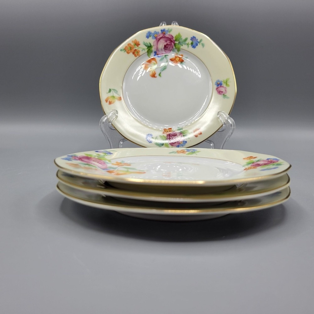 Vtg TK Thuny Czechoslovakia Lexington Floral 4 Dessert Plates Gold Trim 7.5"